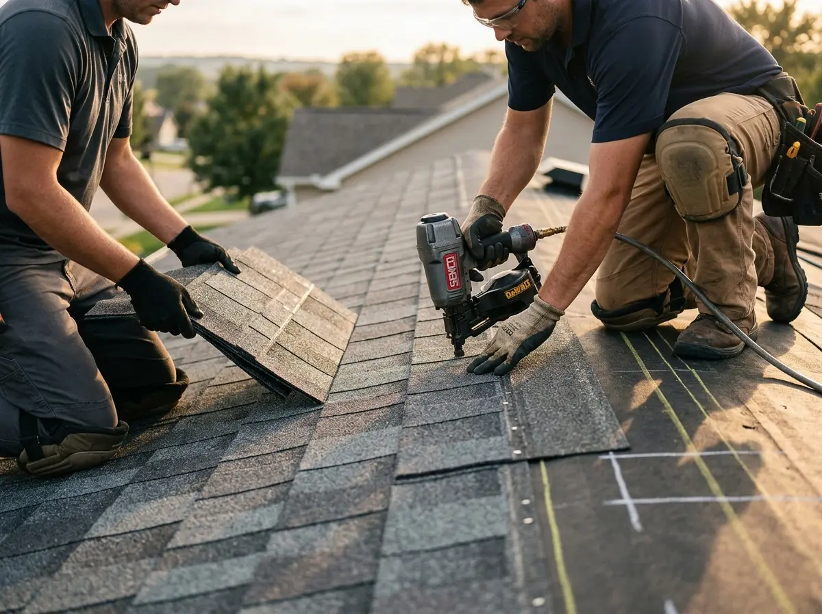 Professional roofer working on a residential roof in Monrovia
